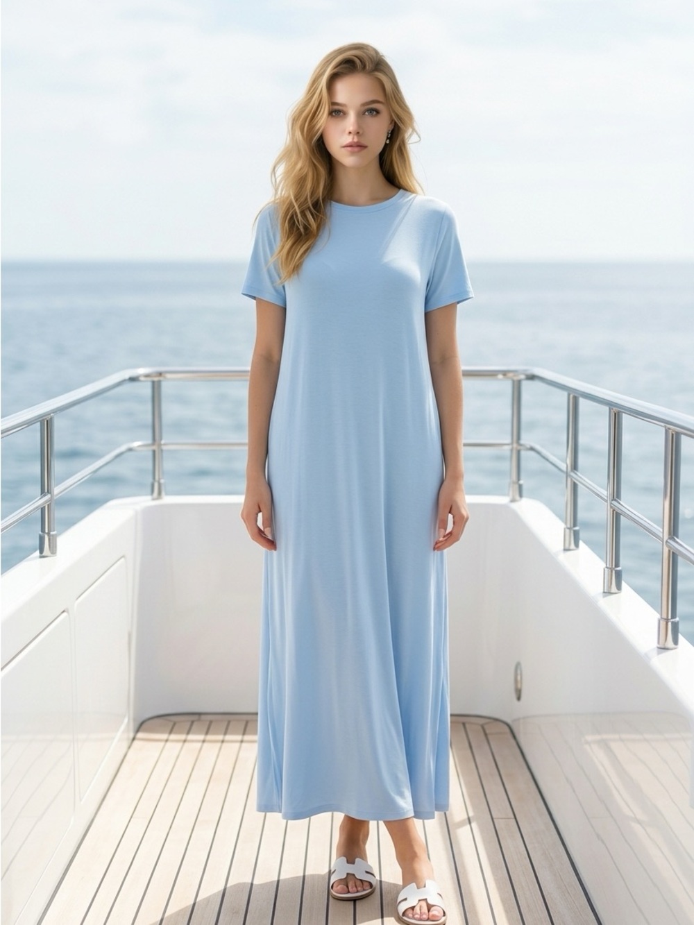 NWT Hale Bob sleep Lounge Maxi Dress Shirt $58 Super Soft Stretch Baby Blue